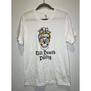 Till Death Do Us Party LGBTQ Skull T-Shirt Size M White with Rainbow Accents